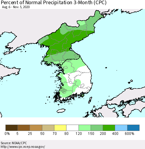 Korea Percent of Normal Precipitation 3-Month (CPC) Thematic Map For 8/6/2020 - 11/5/2020