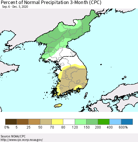 Korea Percent of Normal Precipitation 3-Month (CPC) Thematic Map For 9/6/2020 - 12/5/2020