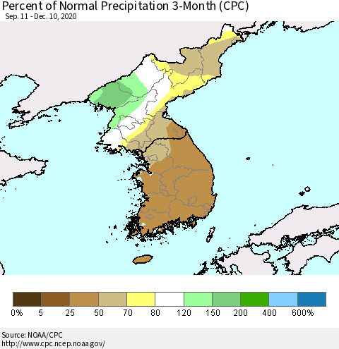 Korea Percent of Normal Precipitation 3-Month (CPC) Thematic Map For 9/11/2020 - 12/10/2020