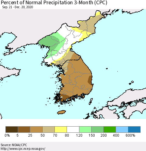 Korea Percent of Normal Precipitation 3-Month (CPC) Thematic Map For 9/21/2020 - 12/20/2020