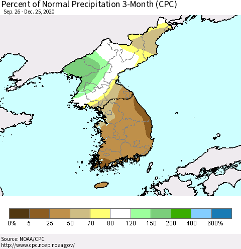 Korea Percent of Normal Precipitation 3-Month (CPC) Thematic Map For 9/26/2020 - 12/25/2020