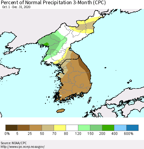 Korea Percent of Normal Precipitation 3-Month (CPC) Thematic Map For 10/1/2020 - 12/31/2020