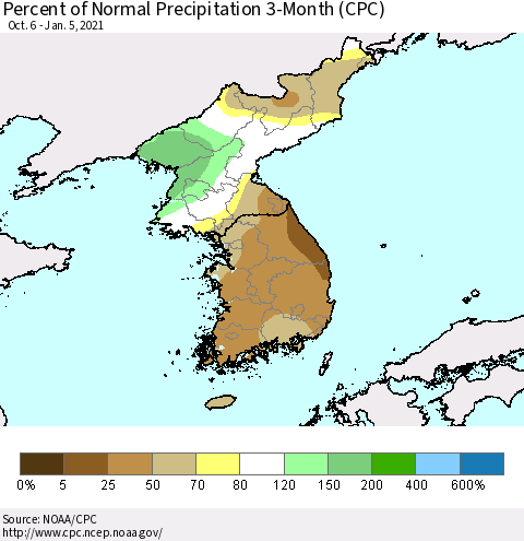 Korea Percent of Normal Precipitation 3-Month (CPC) Thematic Map For 10/6/2020 - 1/5/2021