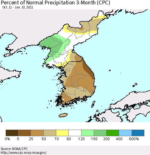 Korea Percent of Normal Precipitation 3-Month (CPC) Thematic Map For 10/11/2020 - 1/10/2021