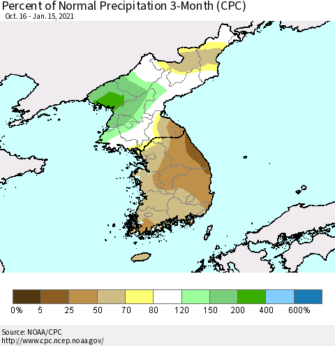 Korea Percent of Normal Precipitation 3-Month (CPC) Thematic Map For 10/16/2020 - 1/15/2021