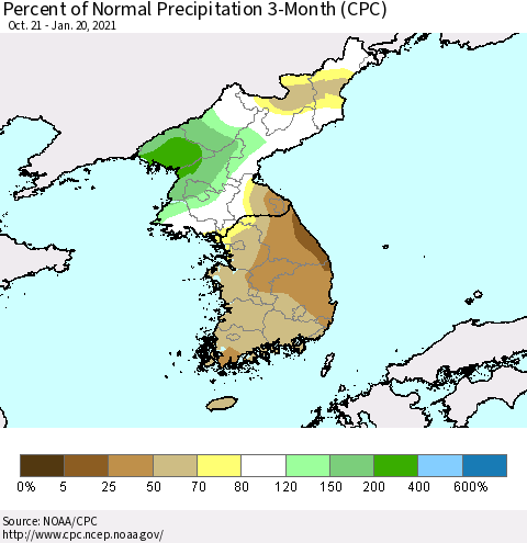 Korea Percent of Normal Precipitation 3-Month (CPC) Thematic Map For 10/21/2020 - 1/20/2021