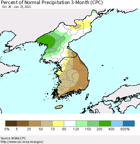 Korea Percent of Normal Precipitation 3-Month (CPC) Thematic Map For 10/26/2020 - 1/25/2021