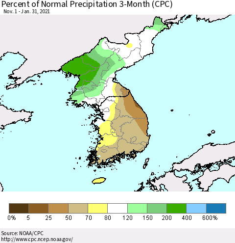 Korea Percent of Normal Precipitation 3-Month (CPC) Thematic Map For 11/1/2020 - 1/31/2021