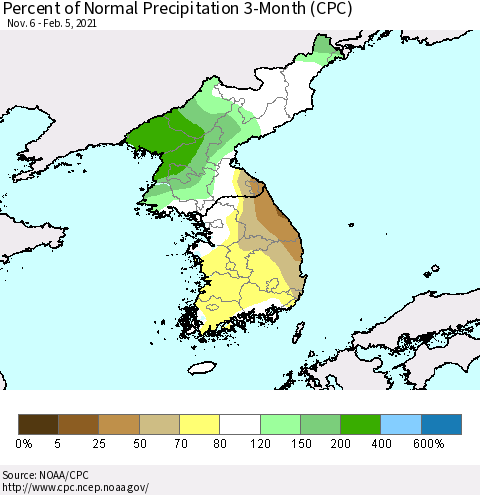 Korea Percent of Normal Precipitation 3-Month (CPC) Thematic Map For 11/6/2020 - 2/5/2021