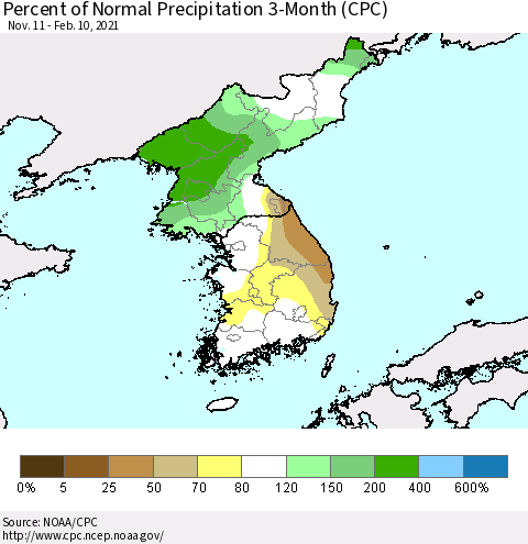 Korea Percent of Normal Precipitation 3-Month (CPC) Thematic Map For 11/11/2020 - 2/10/2021