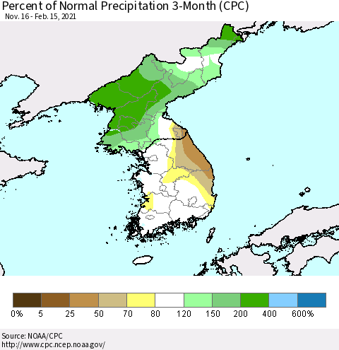 Korea Percent of Normal Precipitation 3-Month (CPC) Thematic Map For 11/16/2020 - 2/15/2021