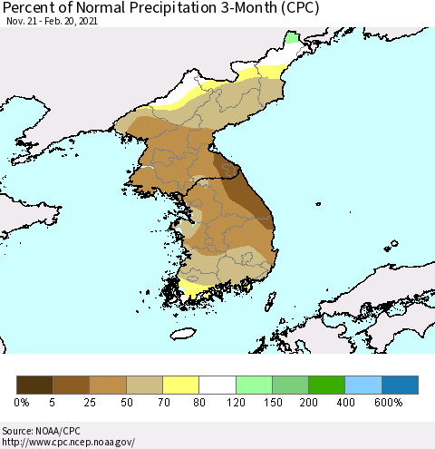 Korea Percent of Normal Precipitation 3-Month (CPC) Thematic Map For 11/21/2020 - 2/20/2021