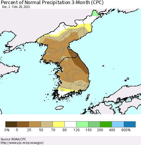 Korea Percent of Normal Precipitation 3-Month (CPC) Thematic Map For 12/1/2020 - 2/28/2021