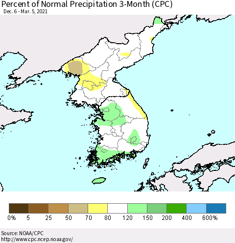 Korea Percent of Normal Precipitation 3-Month (CPC) Thematic Map For 12/6/2020 - 3/5/2021