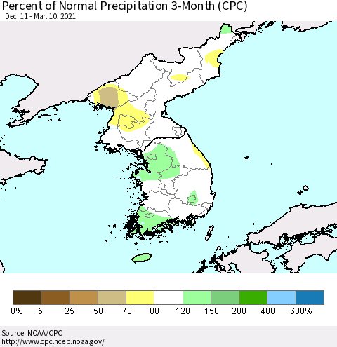 Korea Percent of Normal Precipitation 3-Month (CPC) Thematic Map For 12/11/2020 - 3/10/2021