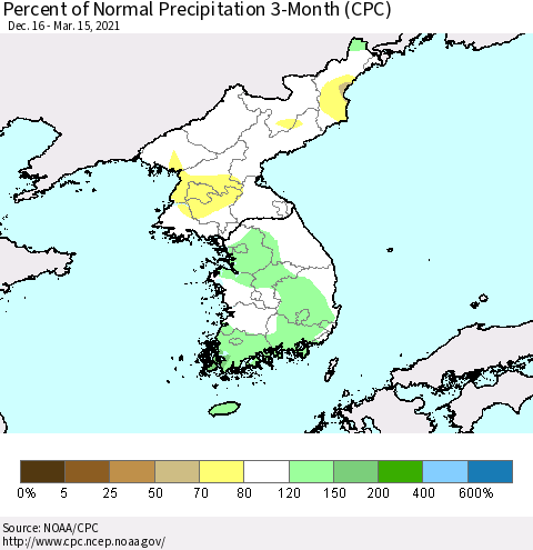 Korea Percent of Normal Precipitation 3-Month (CPC) Thematic Map For 12/16/2020 - 3/15/2021