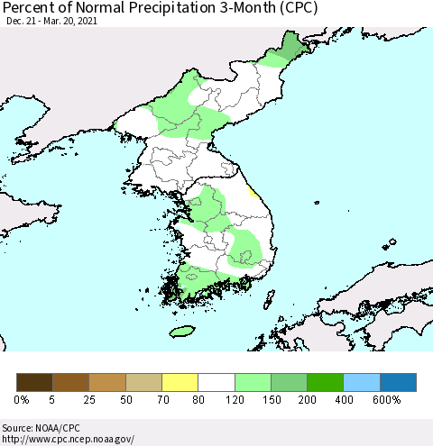 Korea Percent of Normal Precipitation 3-Month (CPC) Thematic Map For 12/21/2020 - 3/20/2021