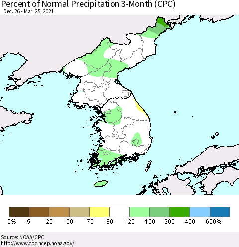 Korea Percent of Normal Precipitation 3-Month (CPC) Thematic Map For 12/26/2020 - 3/25/2021