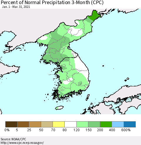 Korea Percent of Normal Precipitation 3-Month (CPC) Thematic Map For 1/1/2021 - 3/31/2021