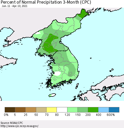 Korea Percent of Normal Precipitation 3-Month (CPC) Thematic Map For 1/11/2021 - 4/10/2021