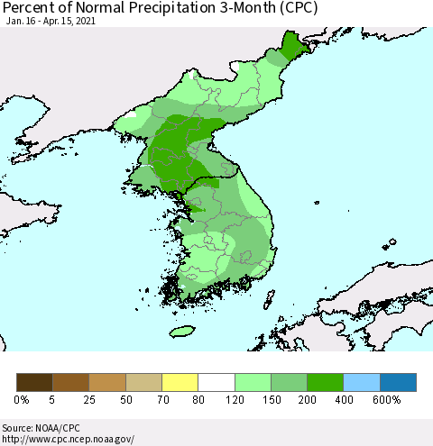 Korea Percent of Normal Precipitation 3-Month (CPC) Thematic Map For 1/16/2021 - 4/15/2021