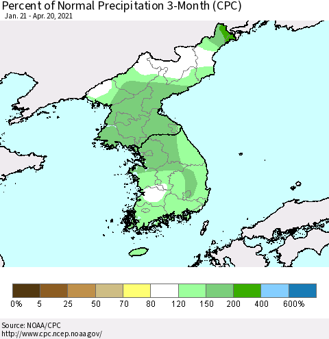 Korea Percent of Normal Precipitation 3-Month (CPC) Thematic Map For 1/21/2021 - 4/20/2021
