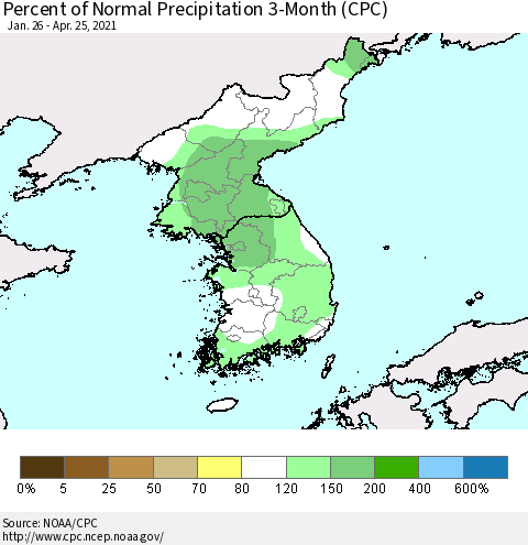 Korea Percent of Normal Precipitation 3-Month (CPC) Thematic Map For 1/26/2021 - 4/25/2021