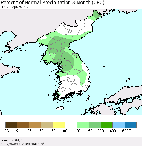 Korea Percent of Normal Precipitation 3-Month (CPC) Thematic Map For 2/1/2021 - 4/30/2021