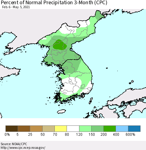Korea Percent of Normal Precipitation 3-Month (CPC) Thematic Map For 2/6/2021 - 5/5/2021