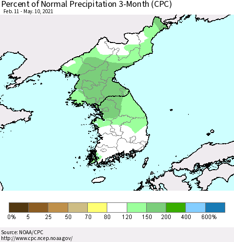 Korea Percent of Normal Precipitation 3-Month (CPC) Thematic Map For 2/11/2021 - 5/10/2021