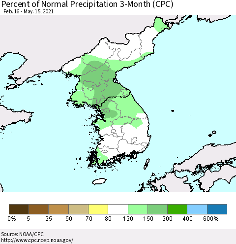Korea Percent of Normal Precipitation 3-Month (CPC) Thematic Map For 2/16/2021 - 5/15/2021