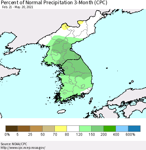 Korea Percent of Normal Precipitation 3-Month (CPC) Thematic Map For 2/21/2021 - 5/20/2021