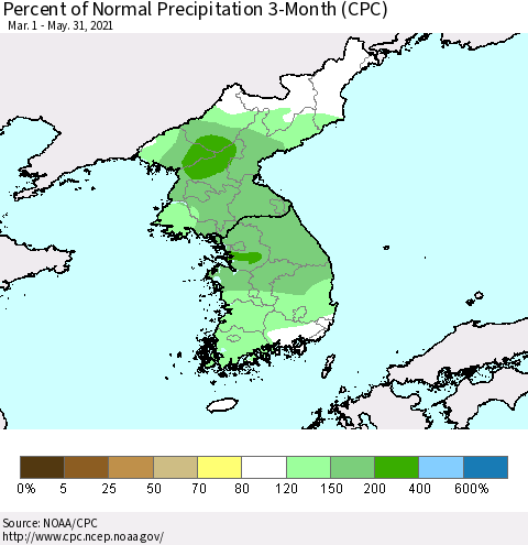 Korea Percent of Normal Precipitation 3-Month (CPC) Thematic Map For 3/1/2021 - 5/31/2021