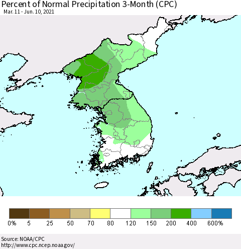 Korea Percent of Normal Precipitation 3-Month (CPC) Thematic Map For 3/11/2021 - 6/10/2021