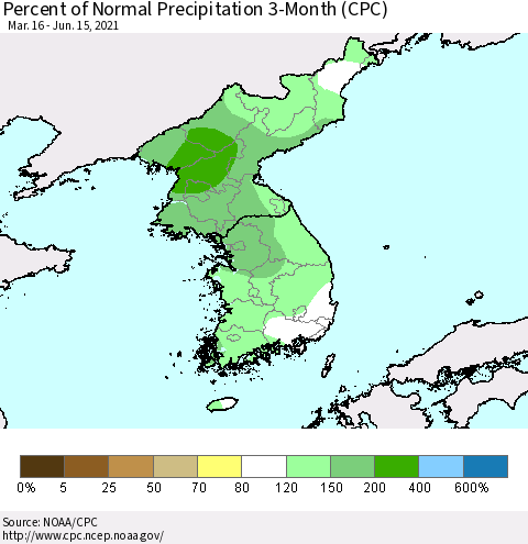 Korea Percent of Normal Precipitation 3-Month (CPC) Thematic Map For 3/16/2021 - 6/15/2021