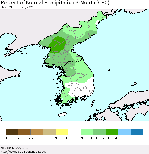 Korea Percent of Normal Precipitation 3-Month (CPC) Thematic Map For 3/21/2021 - 6/20/2021