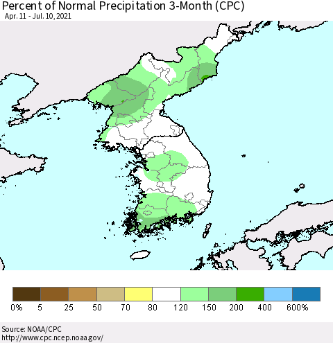 Korea Percent of Normal Precipitation 3-Month (CPC) Thematic Map For 4/11/2021 - 7/10/2021