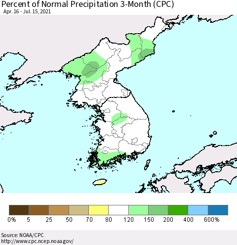 Korea Percent of Normal Precipitation 3-Month (CPC) Thematic Map For 4/16/2021 - 7/15/2021