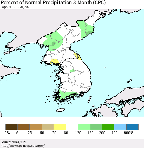 Korea Percent of Normal Precipitation 3-Month (CPC) Thematic Map For 4/21/2021 - 7/20/2021