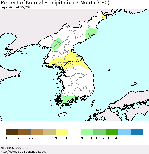 Korea Percent of Normal Precipitation 3-Month (CPC) Thematic Map For 4/26/2021 - 7/25/2021