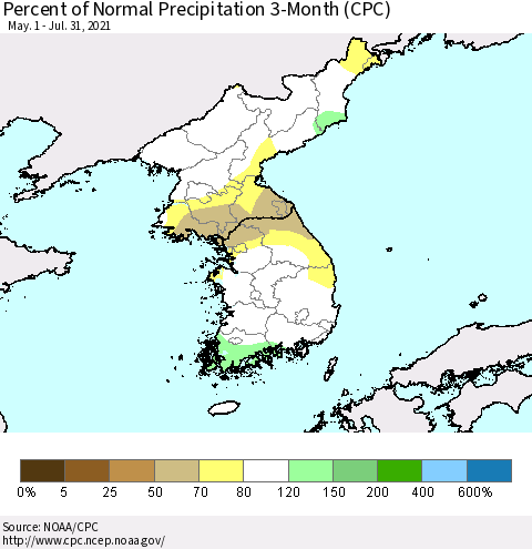 Korea Percent of Normal Precipitation 3-Month (CPC) Thematic Map For 5/1/2021 - 7/31/2021