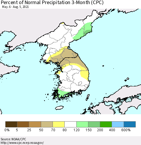 Korea Percent of Normal Precipitation 3-Month (CPC) Thematic Map For 5/6/2021 - 8/5/2021
