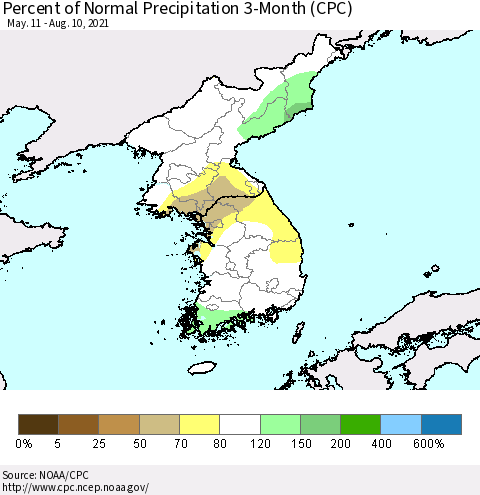 Korea Percent of Normal Precipitation 3-Month (CPC) Thematic Map For 5/11/2021 - 8/10/2021