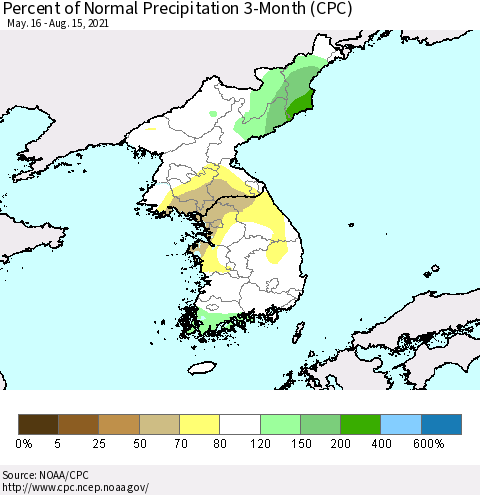 Korea Percent of Normal Precipitation 3-Month (CPC) Thematic Map For 5/16/2021 - 8/15/2021