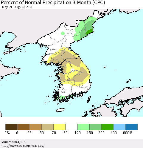 Korea Percent of Normal Precipitation 3-Month (CPC) Thematic Map For 5/21/2021 - 8/20/2021