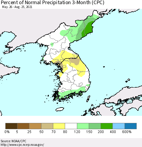 Korea Percent of Normal Precipitation 3-Month (CPC) Thematic Map For 5/26/2021 - 8/25/2021