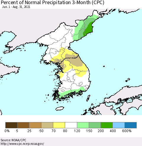 Korea Percent of Normal Precipitation 3-Month (CPC) Thematic Map For 6/1/2021 - 8/31/2021