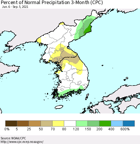 Korea Percent of Normal Precipitation 3-Month (CPC) Thematic Map For 6/6/2021 - 9/5/2021