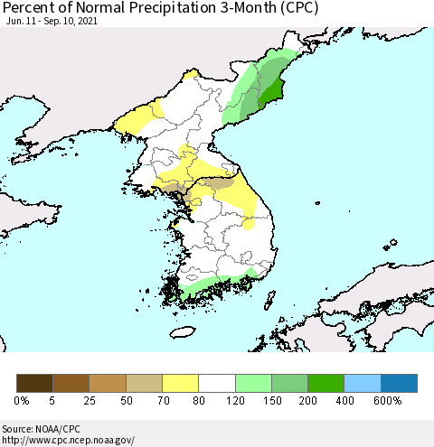 Korea Percent of Normal Precipitation 3-Month (CPC) Thematic Map For 6/11/2021 - 9/10/2021