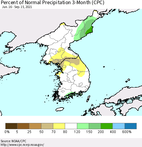 Korea Percent of Normal Precipitation 3-Month (CPC) Thematic Map For 6/16/2021 - 9/15/2021